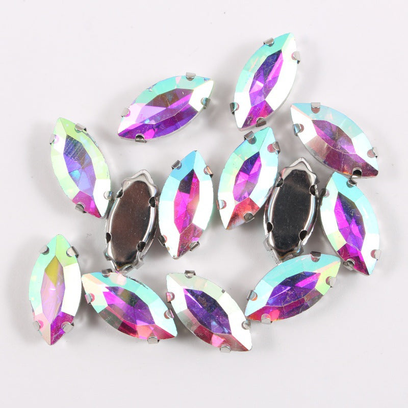 White Gold Plated Marquise Pointed-Back Rhinestones with Holes for Sewing