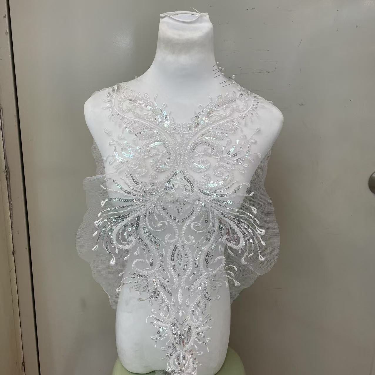 Heavy Embellished Lace & Sequin Appliqué for Front & Back of Wedding Dresses – DIY Decorative Trim with Intricate Embroidery for Bridal Gowns & Evening Wear