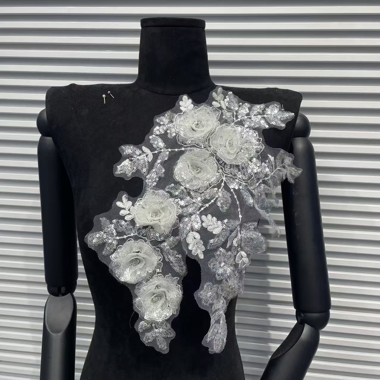 Beaded Lace Embroidered Appliqué Trim – Full-Coverage Sequin & Multi-Color Crystal Flower Motif, Matching Pair Design for Wedding Dresses, Evening Gowns & Bridal DIY Sewing Projects