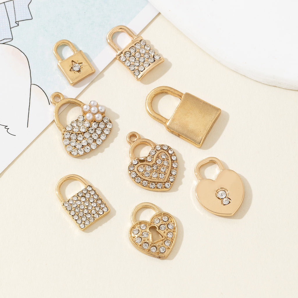 Diamond Studded Lock Pendant, Heart-shaped Lock, Fake Lock Bracelet, Earring Material, Luggage, Clothing Decoration, Diy Alloy Jewelry Accessories