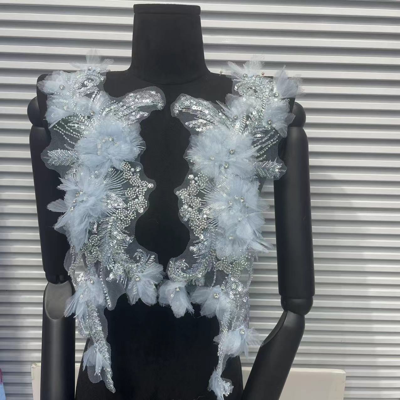 Ultra-Embellished Beaded 3D Floral Sleeve Appliqué – Ethereal DIY Trim for Evening Gowns, Stage Costumes & Bridal Fashion Accessories