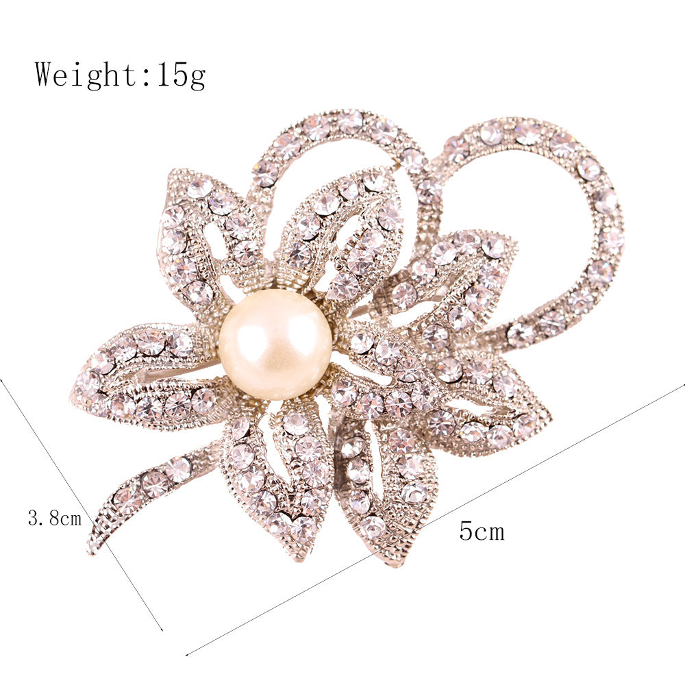 Versatile Silver Brooch - Twin Flower Pearl & Crystal Pin, Korean Fashion Eco Alloy Women's Jacket Accessory