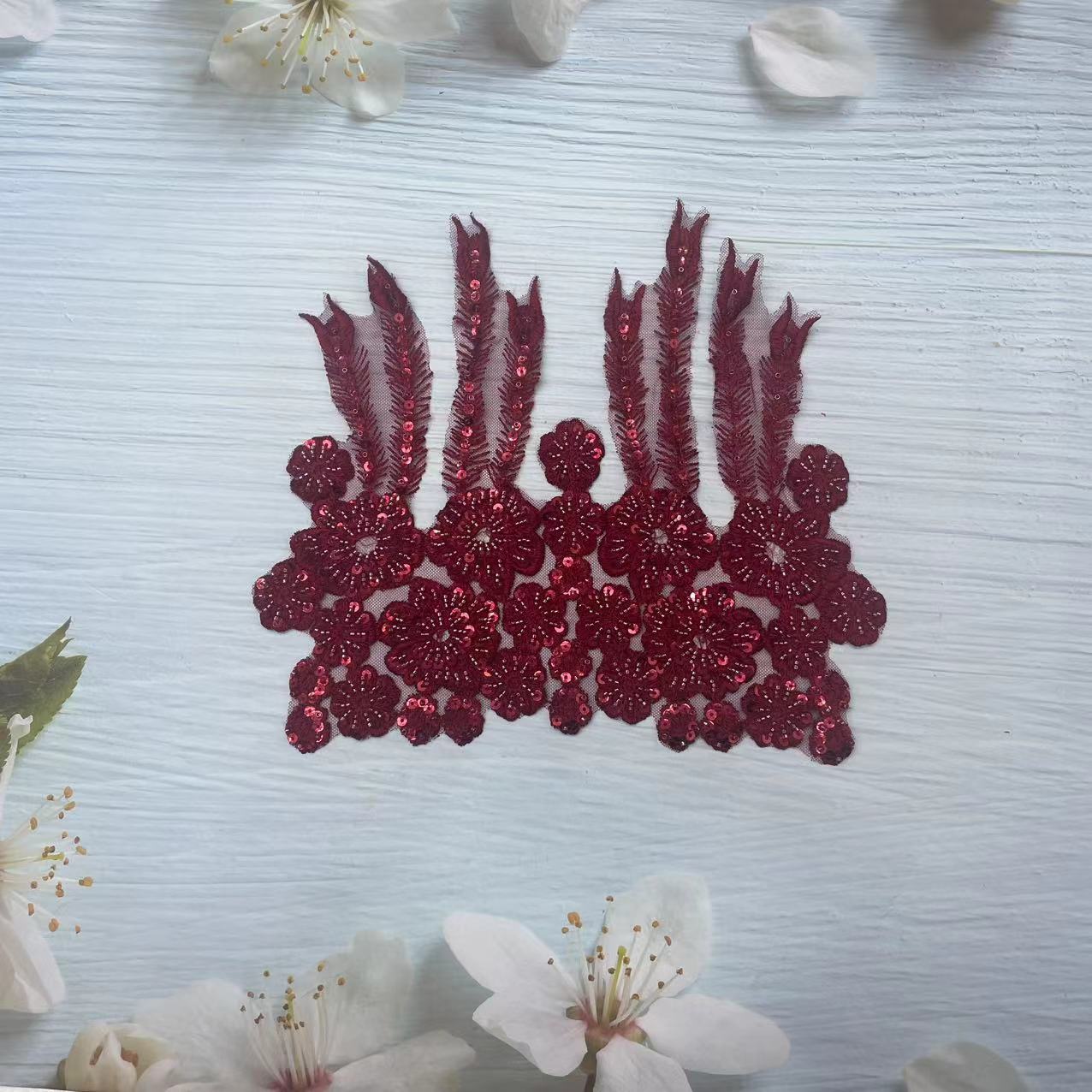 Handcrafted Beaded Rhinestone Sequin Applique Patch - White & Gold Round Neck Tulle Collar DIY Clothing Decor