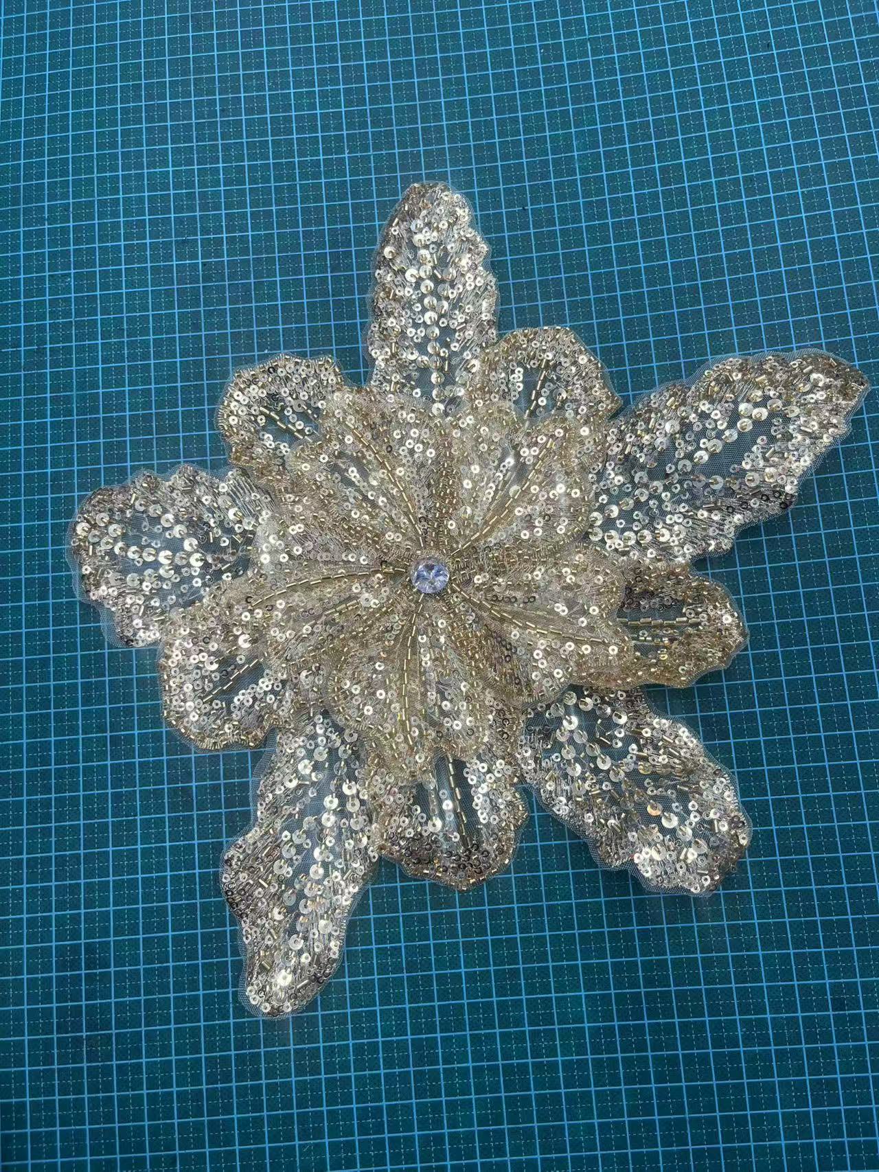 Multicolor Layered Sequin & Beaded 3D Floral Appliqué – Decorative Patch for Dresses, Evening Gowns & Bridal Fashion Accessories