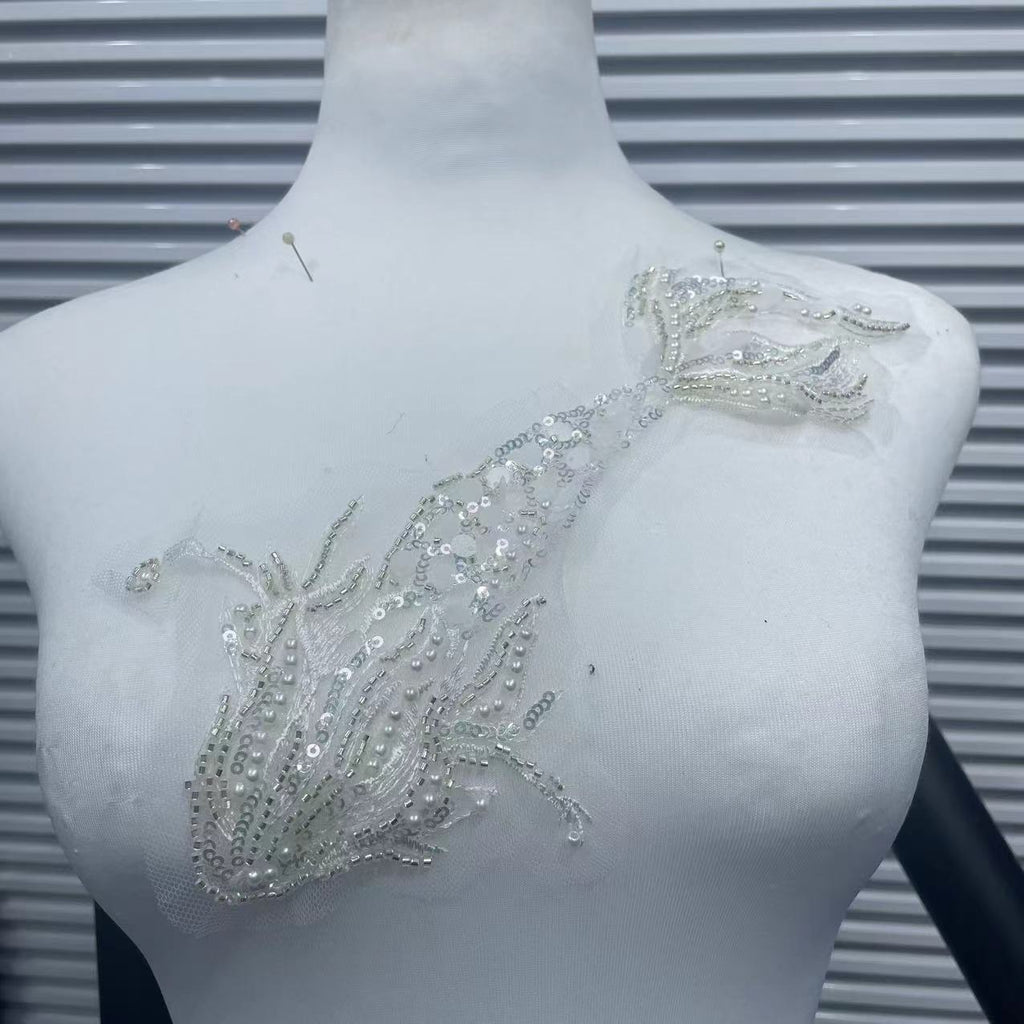 Koi Fish Inspired Heavy Embellishment Trim – Lustrous White Shell Pearls, Tiny Seed Beads & Silver Thread Appliqué for Bridal Gowns, Evening Wear & Luxury DIY Fashion Accessories