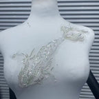 Koi Fish Inspired Heavy Embellishment Trim – Lustrous White Shell Pearls, Tiny Seed Beads & Silver Thread Appliqué for Bridal Gowns, Evening Wear & Luxury DIY Fashion Accessories