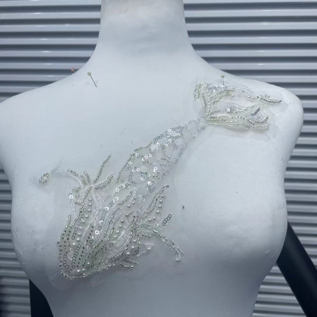 Koi Fish Inspired Heavy Embellishment Trim – Lustrous White Shell Pearls, Tiny Seed Beads & Silver Thread Appliqué for Bridal Gowns, Evening Wear & Luxury DIY Fashion Accessories