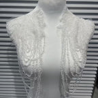 Vintage Heavy Embroidered Shoulder Appliqué with Fringe, 3D Crystal & Beaded Pendant – Luxe Bridal Dress Trim for Wedding Gowns, Prom & Formal Wear, Ready-to-Sew Applique Patch