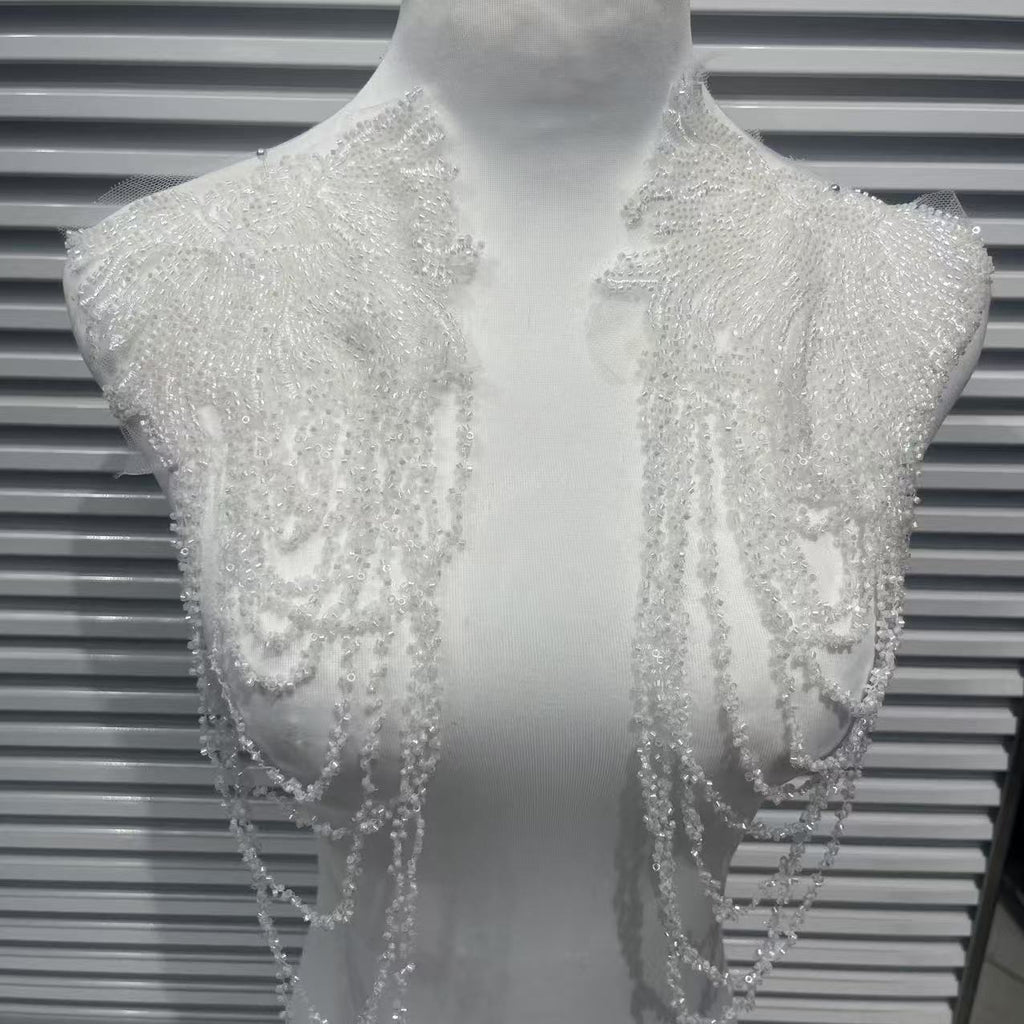 Vintage Heavy Embroidered Shoulder Appliqué with Fringe, 3D Crystal & Beaded Pendant – Luxe Bridal Dress Trim for Wedding Gowns, Prom & Formal Wear, Ready-to-Sew Applique Patch