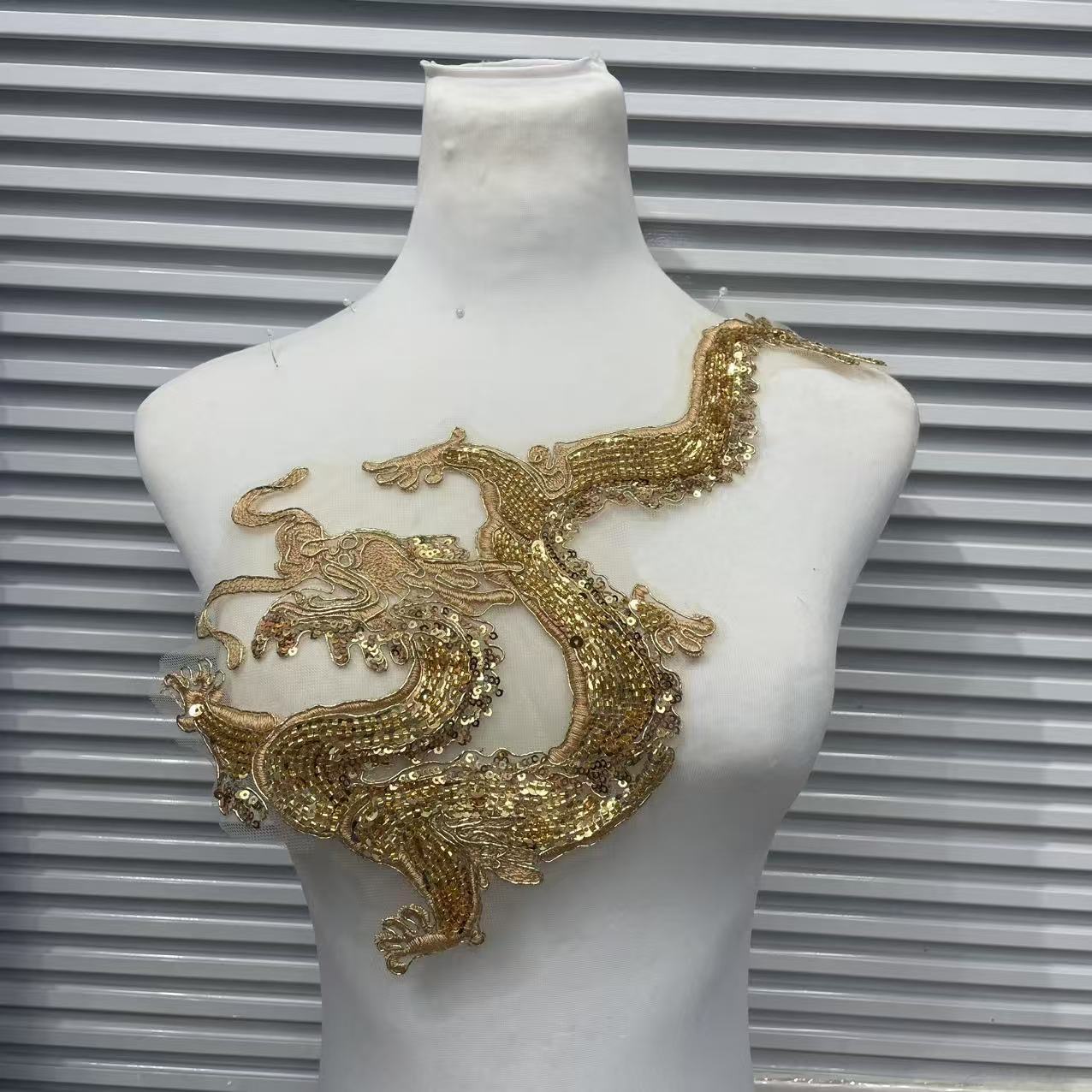 Dragon and Phoenix Embroidery Patch, Gold Sequins Applique for Wedding Cheongsam, Bridal Qipao, Traditional Chinese Costume