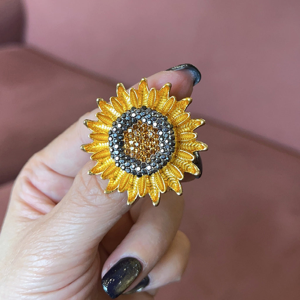 Women's Eco Alloy Enamel Sunflower Brooch - Crystal Rhinestone Flower Pin, Fashion Botanical Accessory