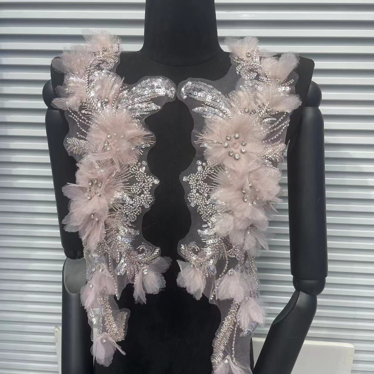 Ultra-Embellished Beaded 3D Floral Sleeve Appliqué – Ethereal DIY Trim for Evening Gowns, Stage Costumes & Bridal Fashion Accessories