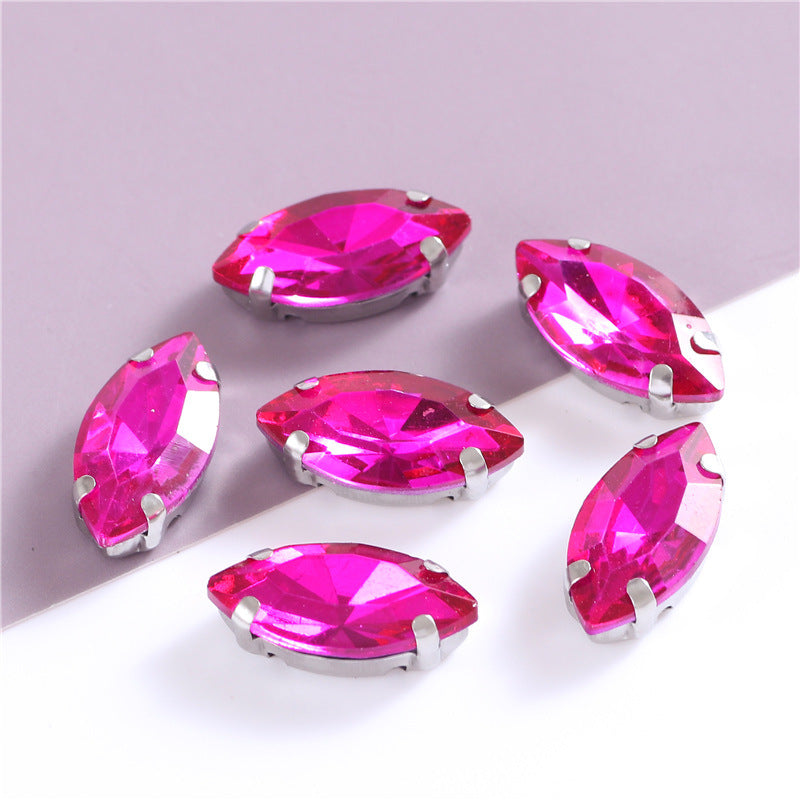 White Gold Plated Marquise Pointed-Back Rhinestones with Holes for Sewing