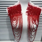 Vintage Heavy Embroidered Shoulder Appliqué with Fringe, 3D Crystal & Beaded Pendant – Luxe Bridal Dress Trim for Wedding Gowns, Prom & Formal Wear, Ready-to-Sew Applique Patch