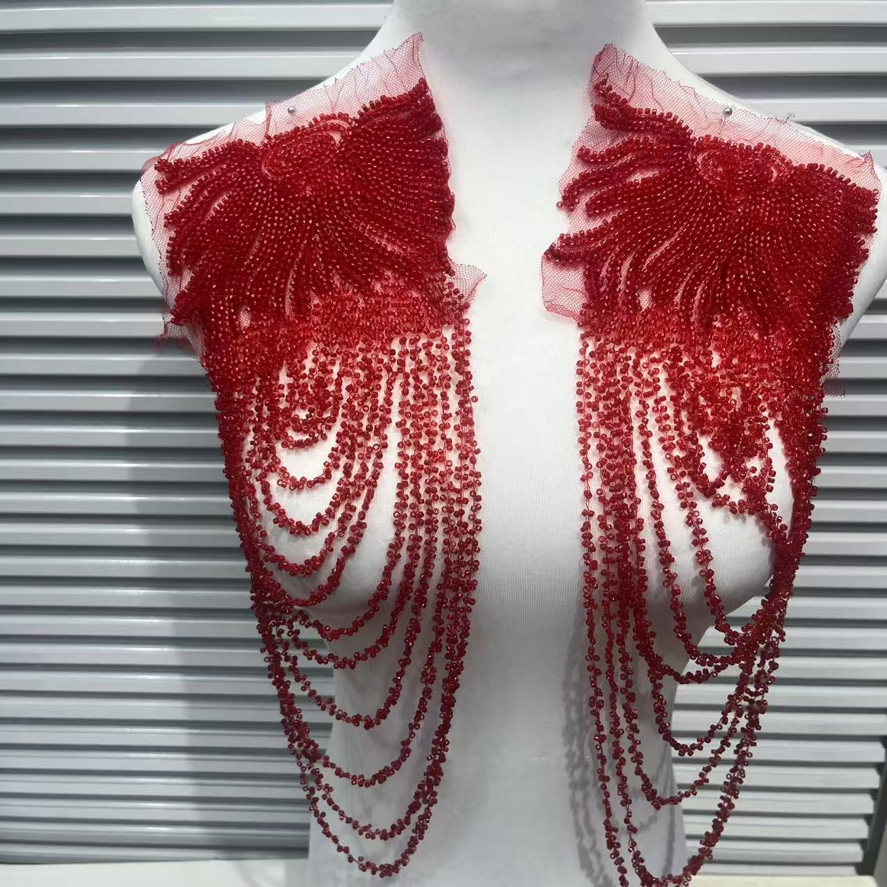 Vintage Heavy Embroidered Shoulder Appliqué with Fringe, 3D Crystal & Beaded Pendant – Luxe Bridal Dress Trim for Wedding Gowns, Prom & Formal Wear, Ready-to-Sew Applique Patch