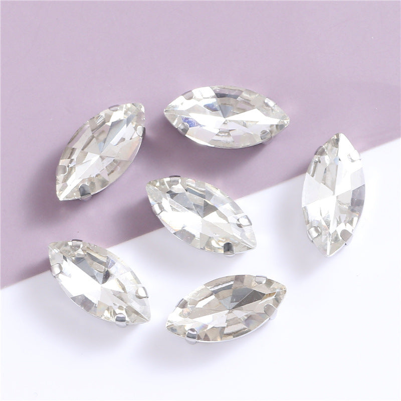 White Gold Plated Marquise Pointed-Back Rhinestones with Holes for Sewing