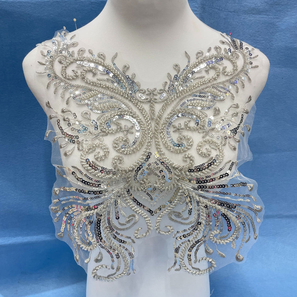 Lace and Sequin Embroidered Appliqué Patch for Front & Back of Wedding Dresses – DIY Decorative Trim with Elegant Lace & Sparkling Sequins for Bridal Gowns, Evening Wear & Custom Sewing Projects