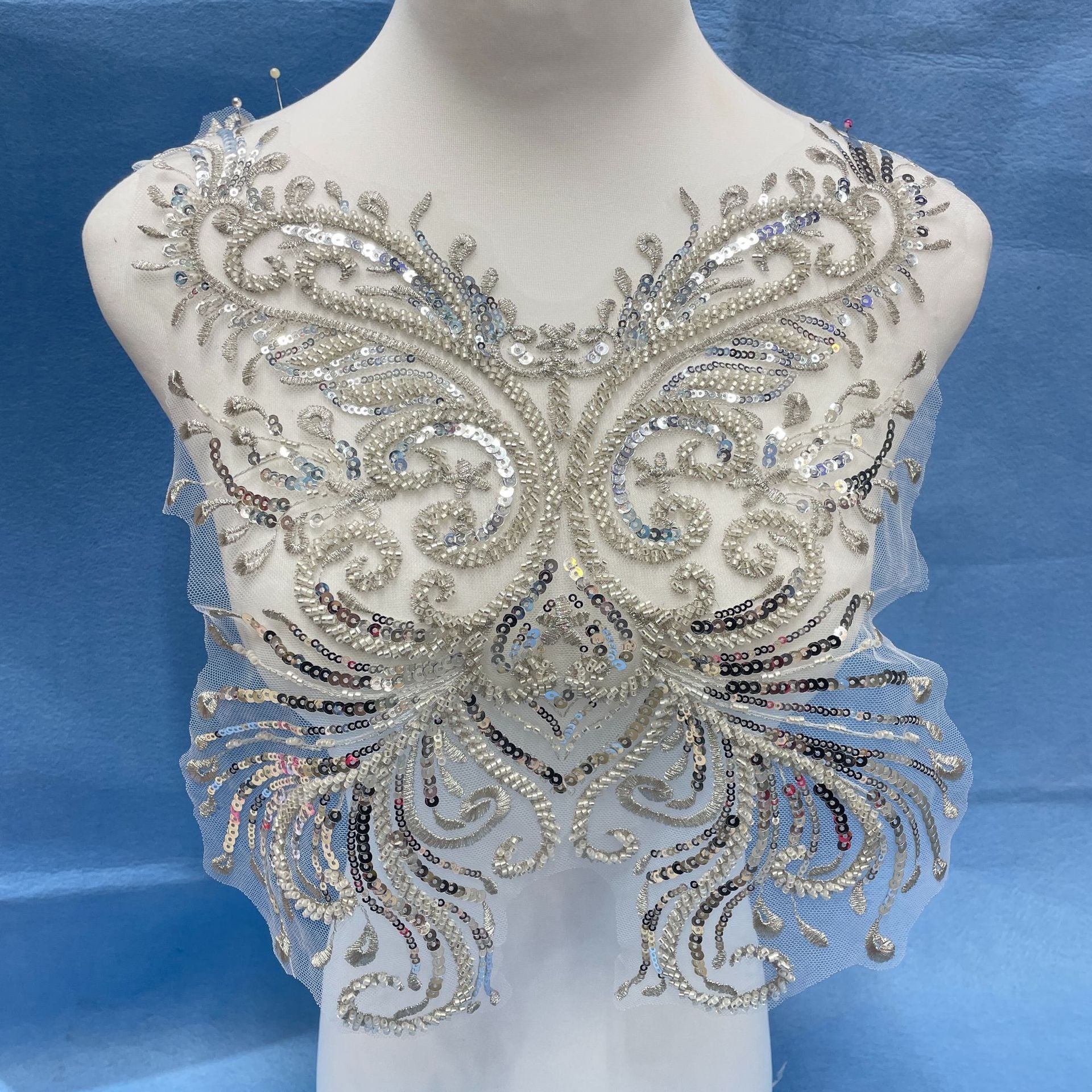 Lace and Sequin Embroidered Appliqué Patch for Front & Back of Wedding Dresses – DIY Decorative Trim with Elegant Lace & Sparkling Sequins for Bridal Gowns, Evening Wear & Custom Sewing Projects