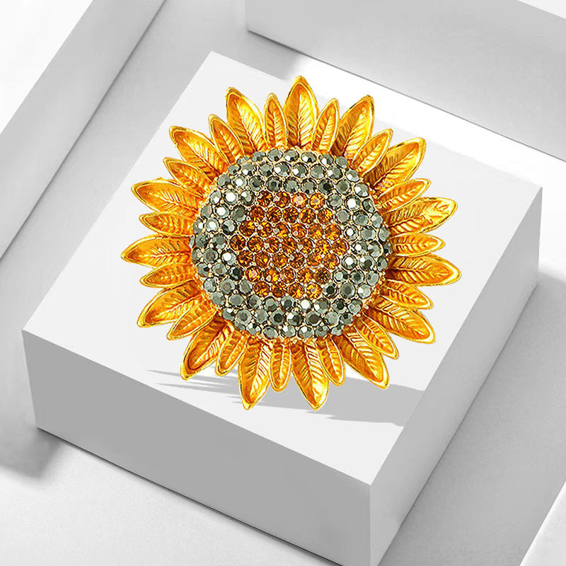 Women's Eco Alloy Enamel Sunflower Brooch - Crystal Rhinestone Flower Pin, Fashion Botanical Accessory