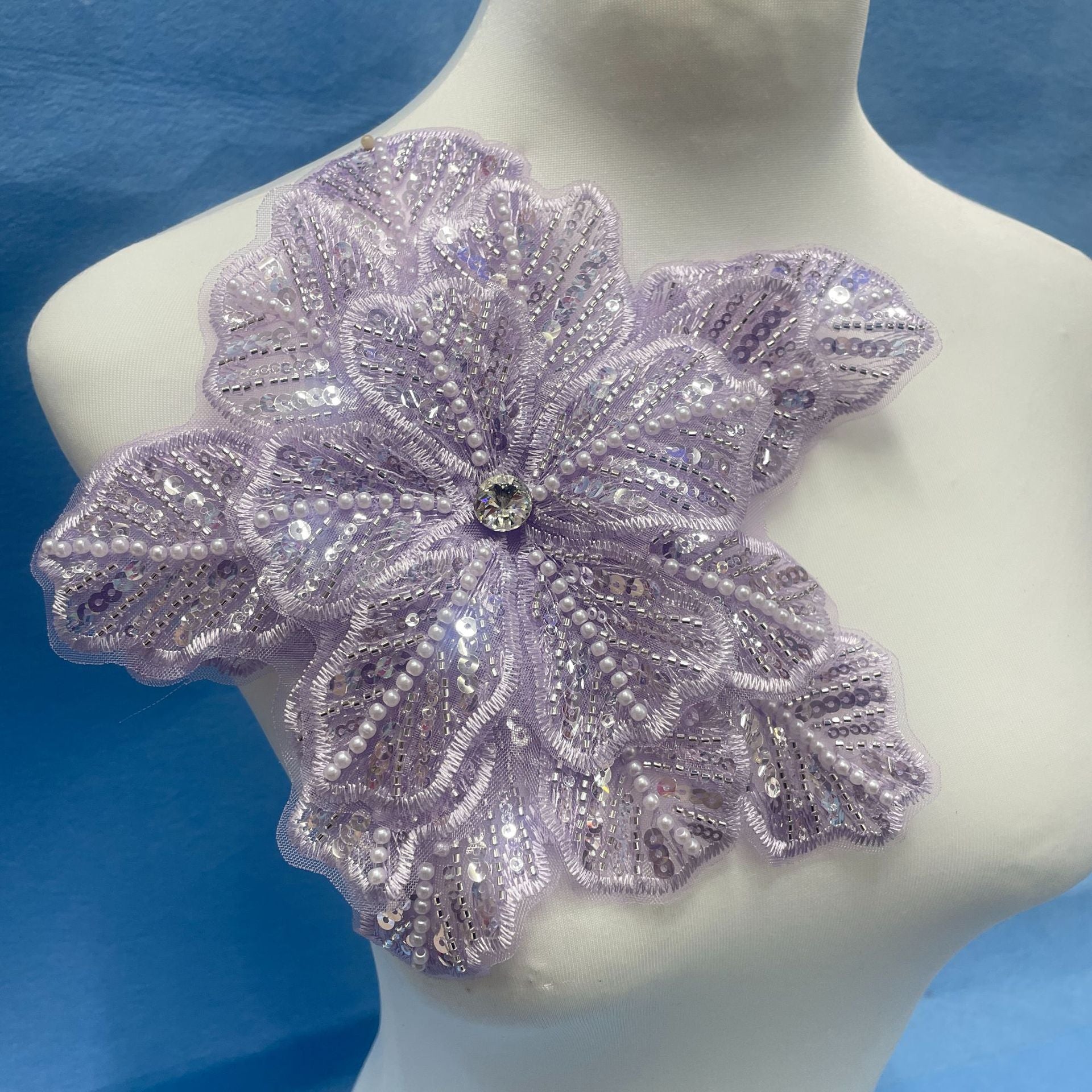 Large Floral Lace Appliqué Trim with Sequins & Beading – Embellished DIY Sew-On Embroidered Flower for Wedding Dresses, Evening Gowns & Bridal Fashion Accessories