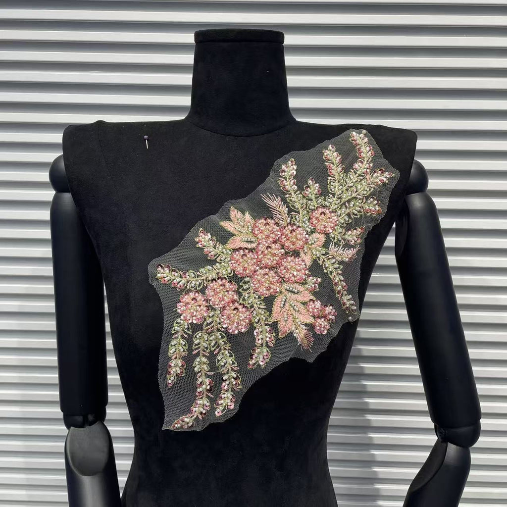 Color-Block 3D Embroidered Appliqué with Tube Beads & Lace – Minimalist Chic Patch for Sweaters, Jackets & DIY Fashion Embellishment