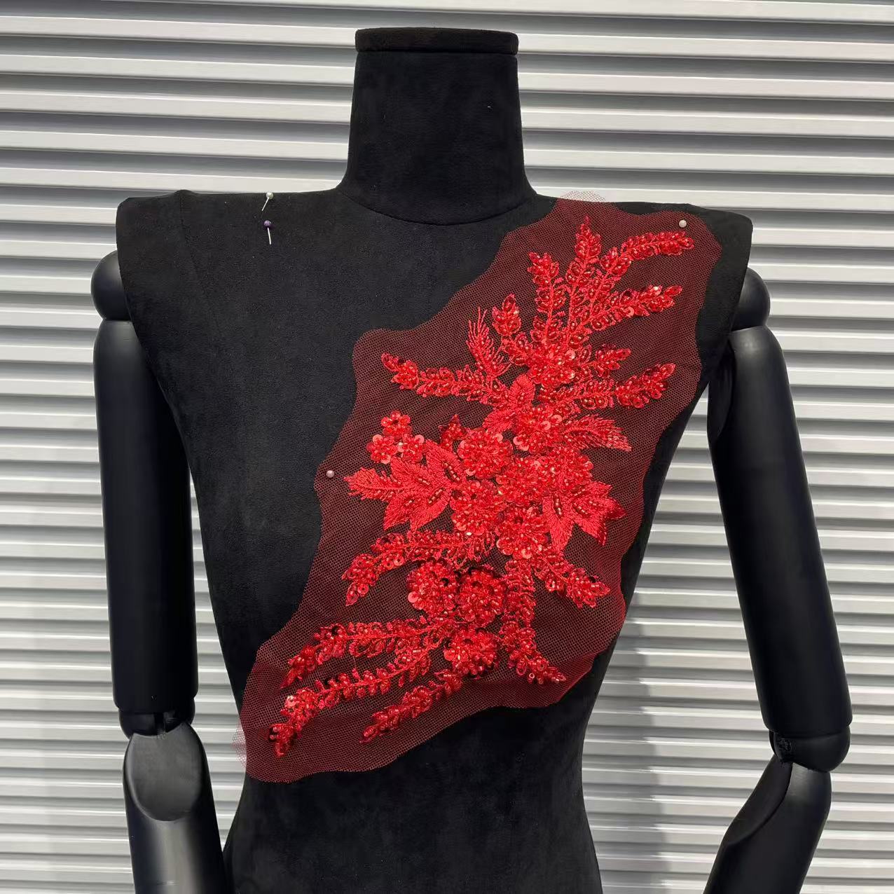 Color-Block 3D Embroidered Appliqué with Tube Beads & Lace – Minimalist Chic Patch for Sweaters, Jackets & DIY Fashion Embellishment