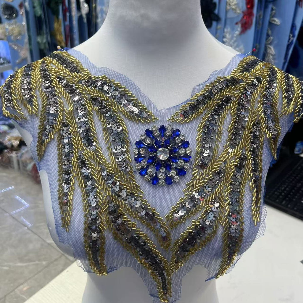 Multicolor Hand-Beading Lace Trim with Crystal Glass Rhinestones & Seed Beads – Embellished DIY Appliqué for Wedding Dresses, Evening Gowns, Qipao & Bridal Fashion Sewing Projects