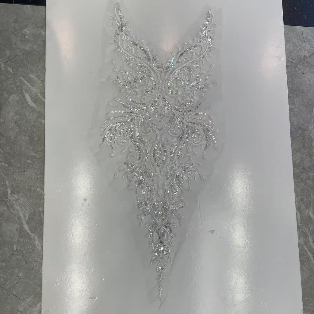 Heavy Embellished Lace & Sequin Appliqué for Front & Back of Wedding Dresses – DIY Decorative Trim with Intricate Embroidery for Bridal Gowns & Evening Wear