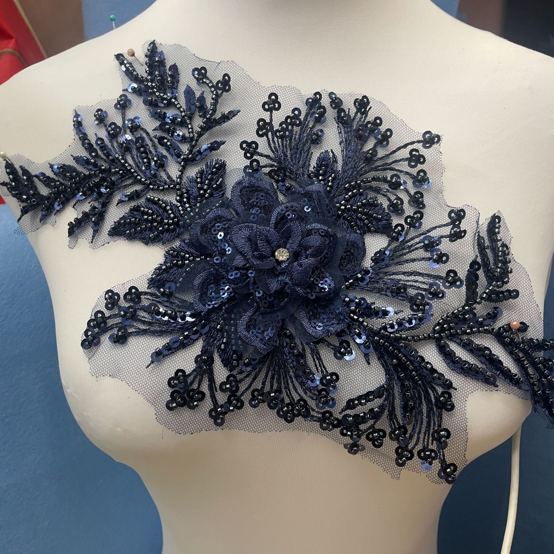 Premium Lace Floral Appliqué with Hand-Sewn Beads & Sequins – Embellished Wedding Dress Trim for Bridal Gowns, DIY Sewing Embroidery Patch, Delicate Lace Edging for Formal Wear & Craft Projects