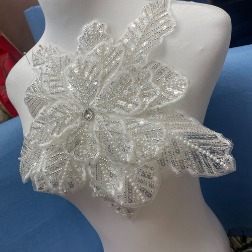 3D Extra-Large Snowflake Appliqué with 4-Layer Stiff Tulle, Fully Beaded & Sequined – Bold DIY Embellishment for Winter Wedding Dresses, Evening Gowns, Festival Costumes & Fashion Craft Projects