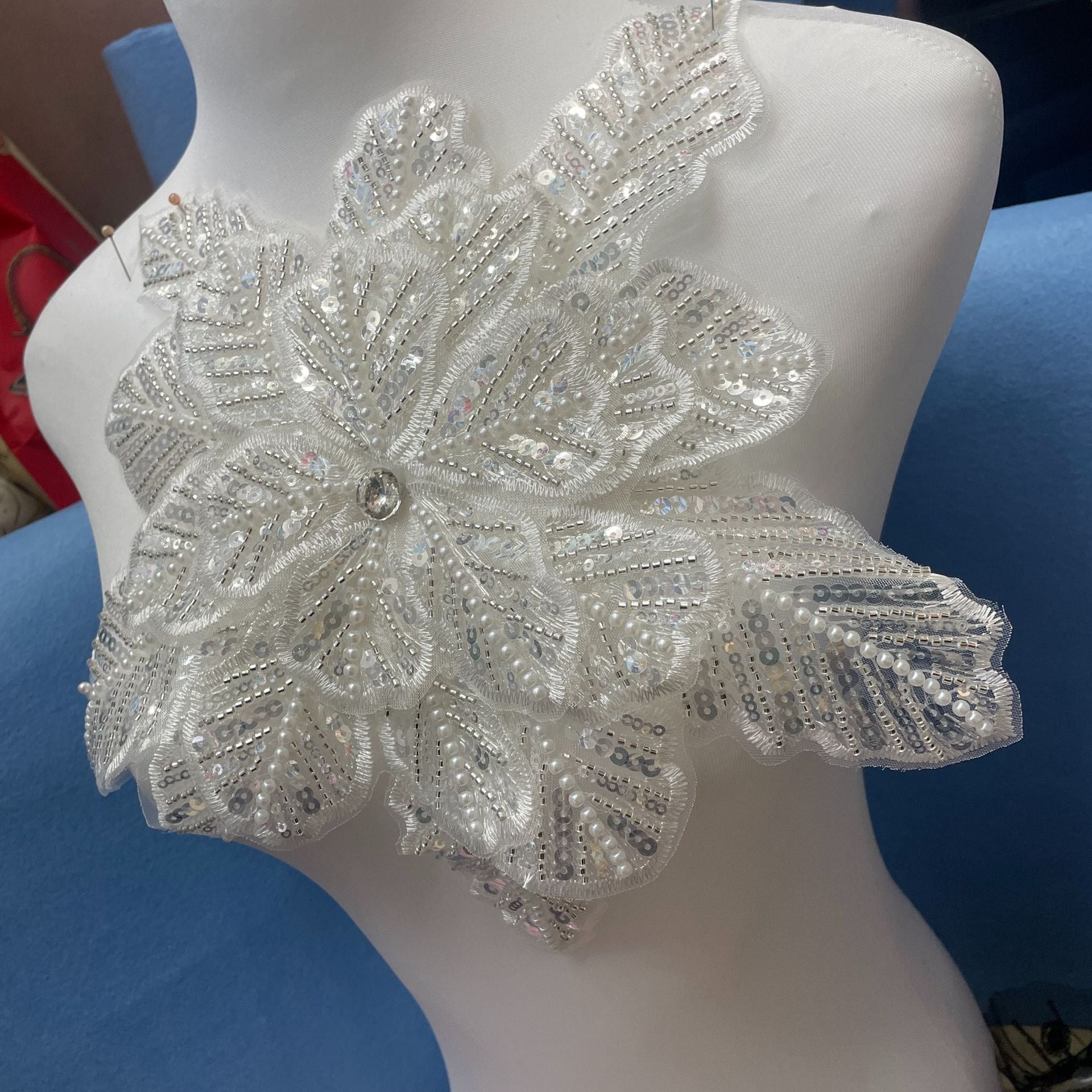 3D Extra-Large Snowflake Appliqué with 4-Layer Stiff Tulle, Fully Beaded & Sequined – Bold DIY Embellishment for Winter Wedding Dresses, Evening Gowns, Festival Costumes & Fashion Craft Projects