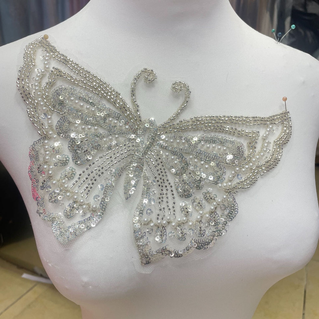 Machine-Embroidered Beaded Sequin Butterfly Collar Applique - 3D Floral Lace Neck Patch for Bridal Gown & Evening Dress DIY Decor