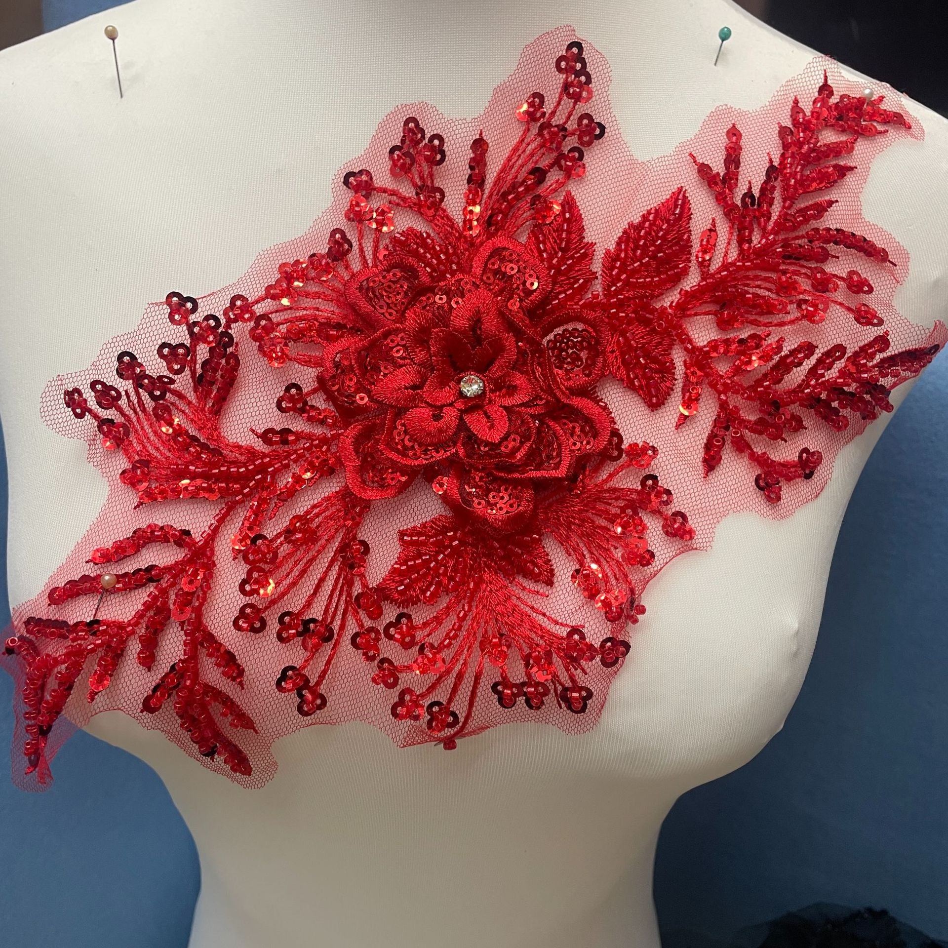 Premium Lace Floral Appliqué with Hand-Sewn Beads & Sequins – Embellished Wedding Dress Trim for Bridal Gowns, DIY Sewing Embroidery Patch, Delicate Lace Edging for Formal Wear & Craft Projects