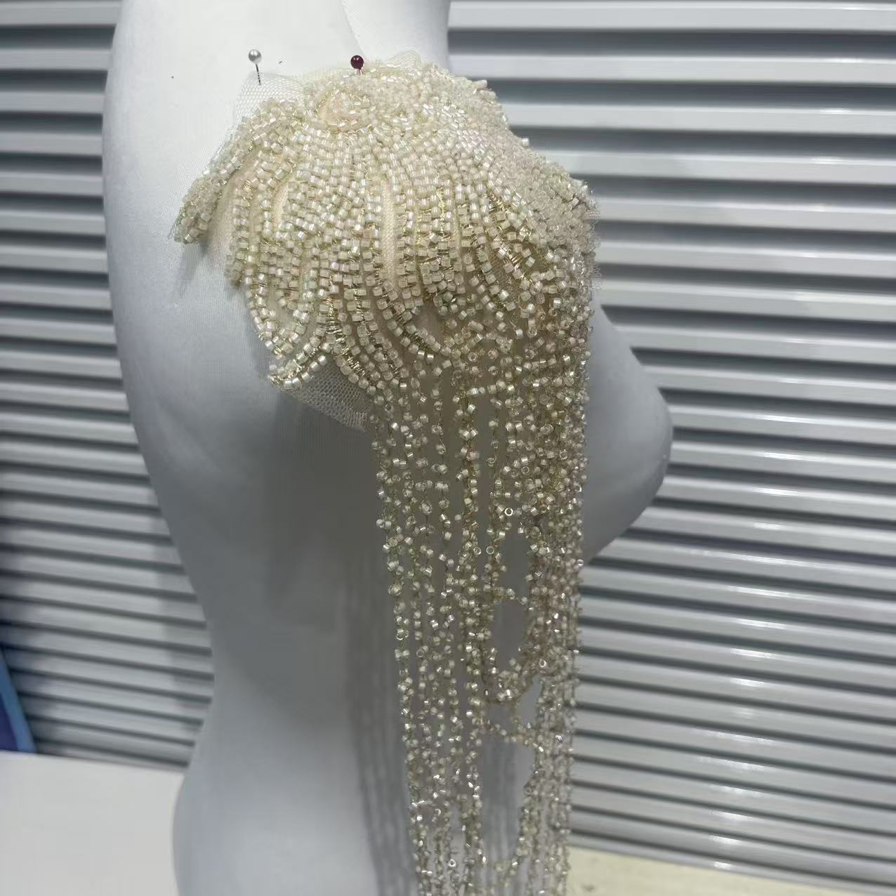 Vintage Heavy Embroidered Shoulder Appliqué with Fringe, 3D Crystal & Beaded Pendant – Luxe Bridal Dress Trim for Wedding Gowns, Prom & Formal Wear, Ready-to-Sew Applique Patch