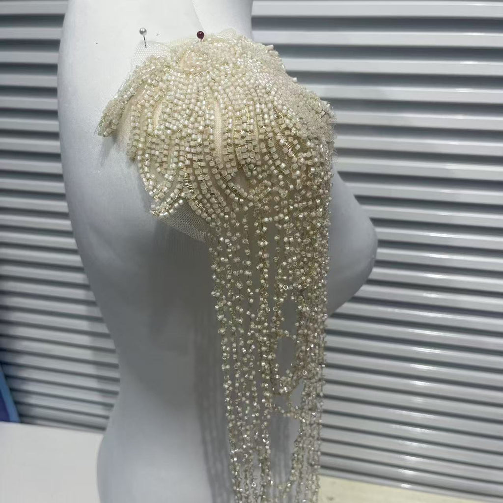 Elegant Vintage Bridal Shoulder Applique, Heavy Embroidery Patch with Crystal Pearl Beads Fringe for Wedding Gown, Prom Dress, Pageant Costume