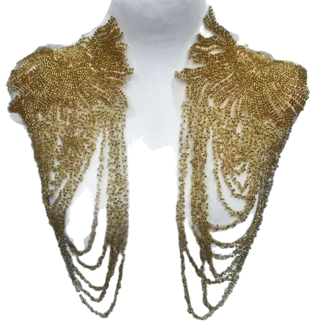 Vintage Heavy Embroidered Shoulder Appliqué with Fringe, 3D Crystal & Beaded Pendant – Luxe Bridal Dress Trim for Wedding Gowns, Prom & Formal Wear, Ready-to-Sew Applique Patch