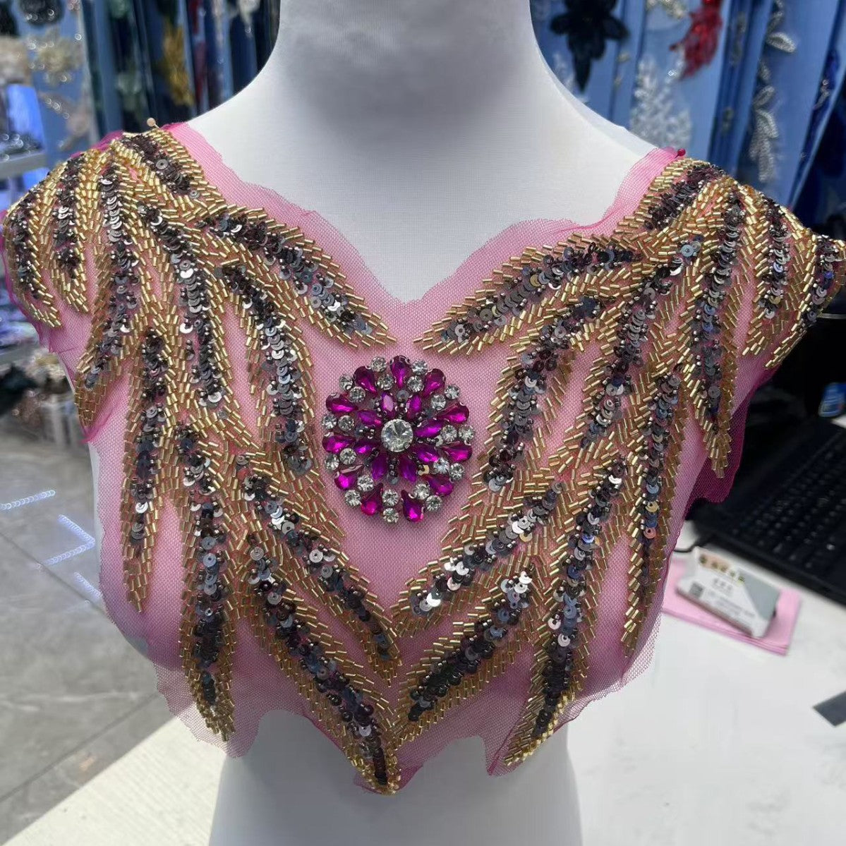 Multicolor Hand-Beading Lace Trim with Crystal Glass Rhinestones & Seed Beads – Embellished DIY Appliqué for Wedding Dresses, Evening Gowns, Qipao & Bridal Fashion Sewing Projects