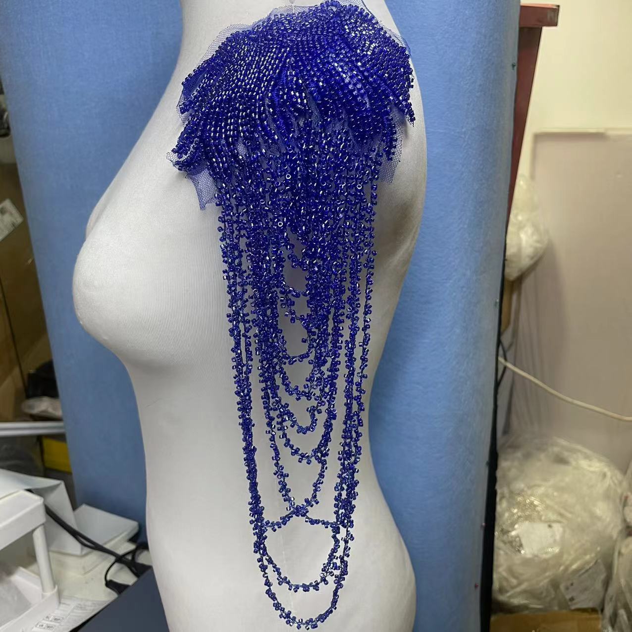 Vintage Heavy Embroidered Shoulder Appliqué with Fringe, 3D Crystal & Beaded Pendant – Luxe Bridal Dress Trim for Wedding Gowns, Prom & Formal Wear, Ready-to-Sew Applique Patch