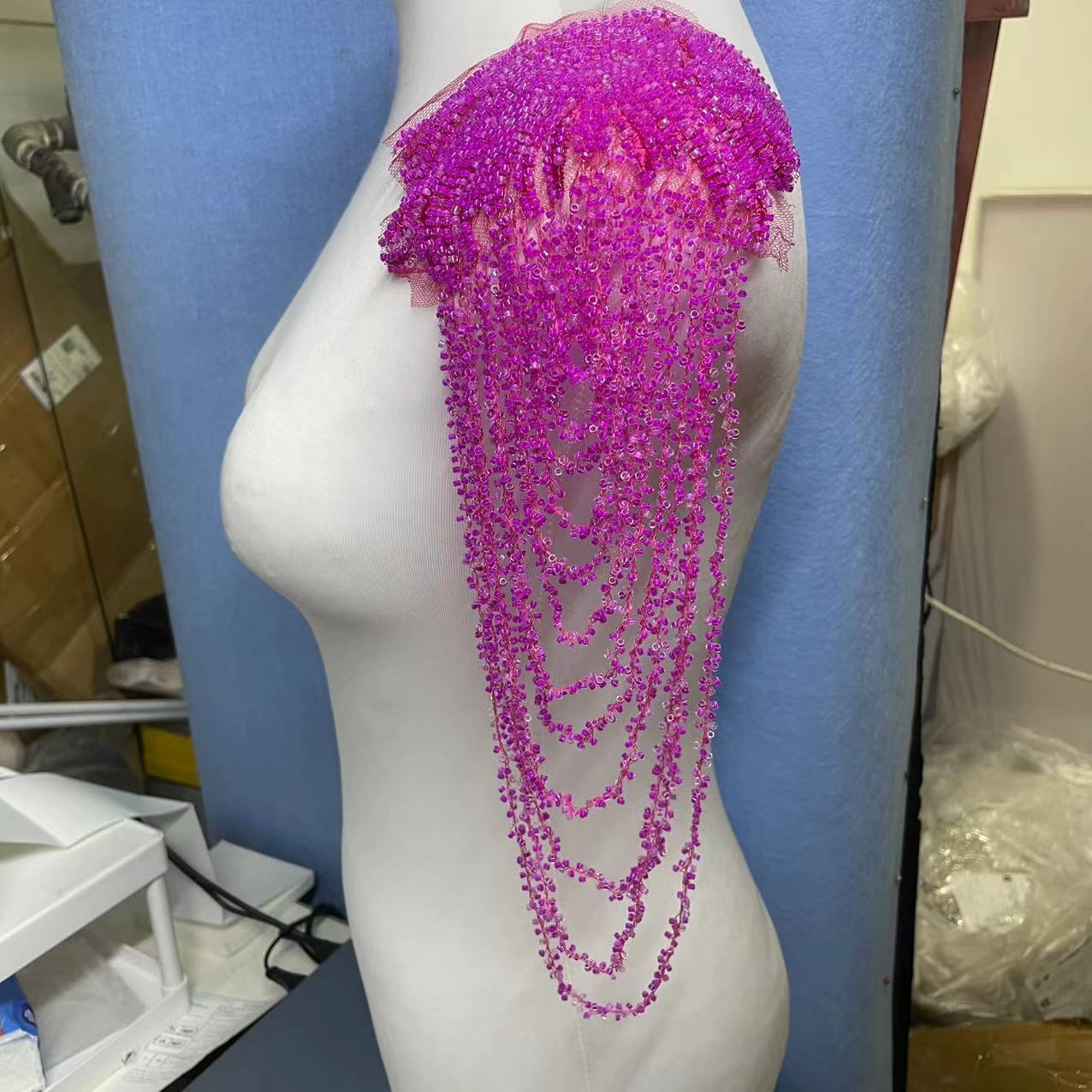 Vintage Heavy Embroidered Shoulder Appliqué with Fringe, 3D Crystal & Beaded Pendant – Luxe Bridal Dress Trim for Wedding Gowns, Prom & Formal Wear, Ready-to-Sew Applique Patch