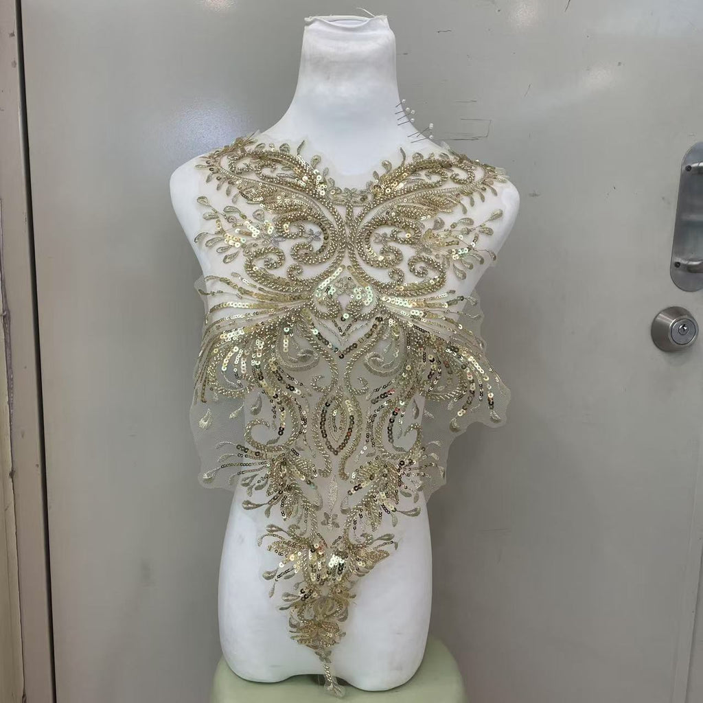 Heavy Embellished Lace & Sequin Appliqué for Front & Back of Wedding Dresses – DIY Decorative Trim with Intricate Embroidery for Bridal Gowns & Evening Wear