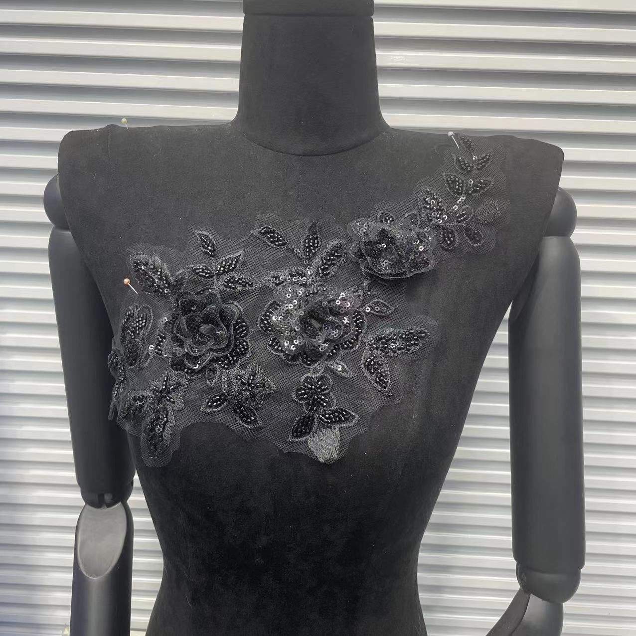 Shimmering Lace Floral Appliqué with Crystal Beads, Metallic Cord & Tulle – Matching Pair Embroidered Trim for Collar, Bridal Gowns & DIY Wedding Dress Embellishment