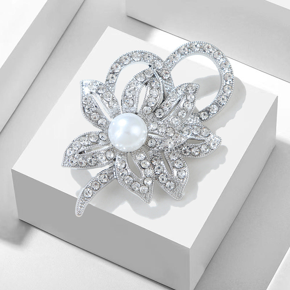 Versatile Silver Brooch - Twin Flower Pearl & Crystal Pin, Korean Fashion Eco Alloy Women's Jacket Accessory