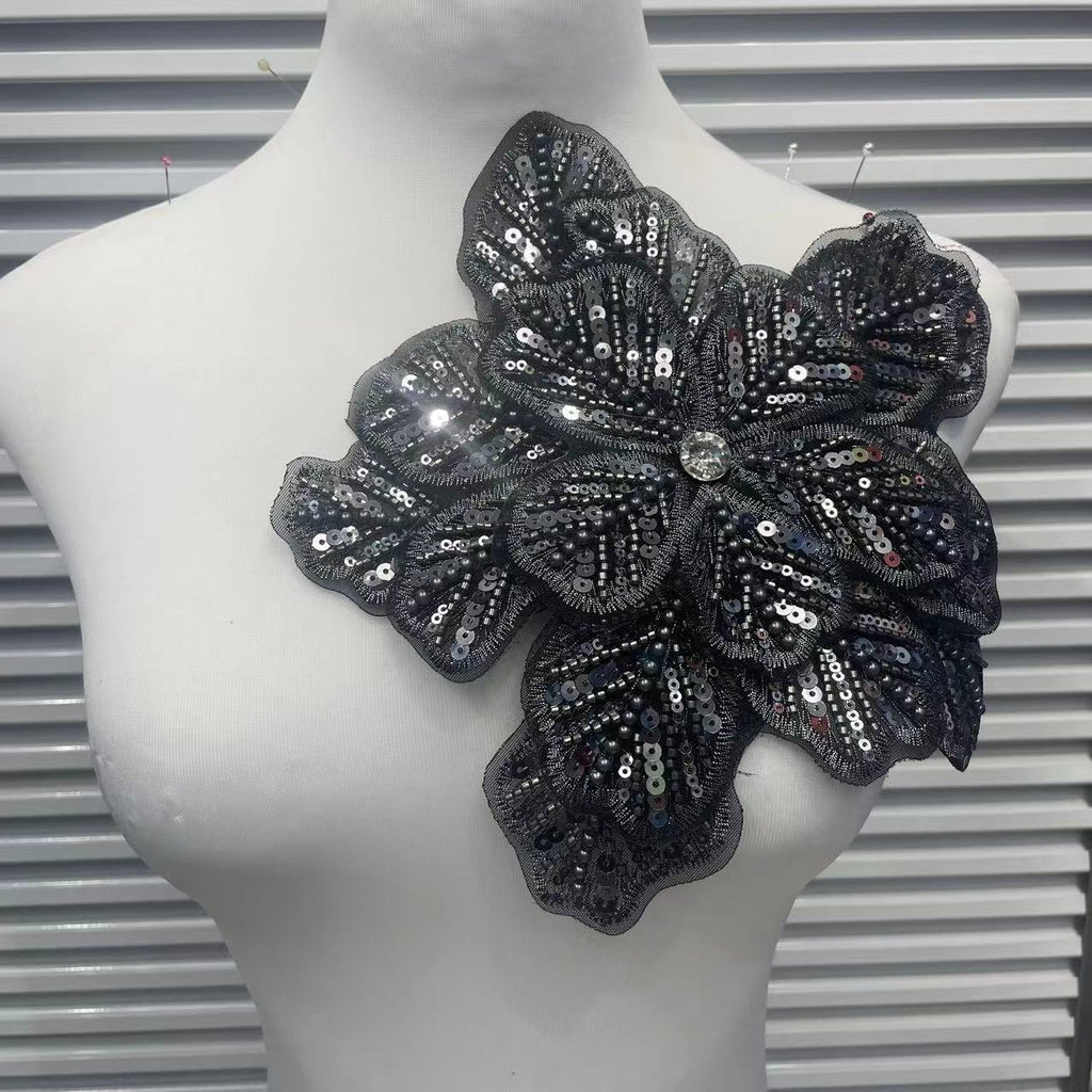 Large Floral Lace Appliqué Trim with Sequins & Beading – Embellished DIY Sew-On Embroidered Flower for Wedding Dresses, Evening Gowns & Bridal Fashion Accessories
