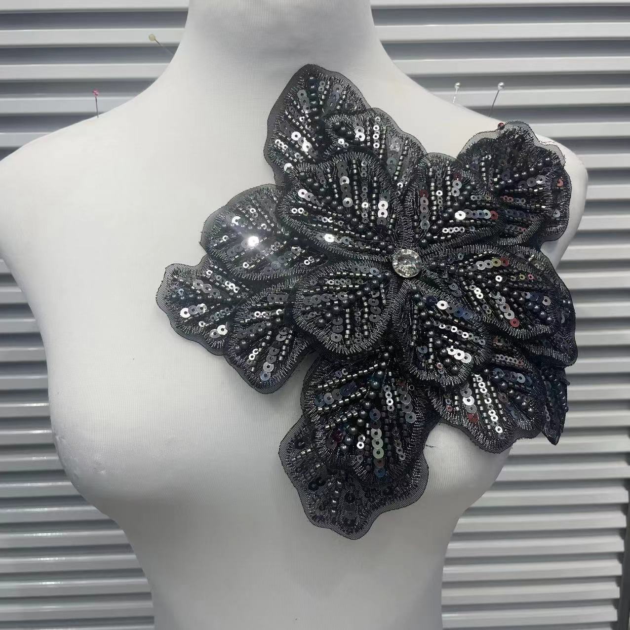 Large Floral Lace Appliqué Trim with Sequins & Beading – Embellished DIY Sew-On Embroidered Flower for Wedding Dresses, Evening Gowns & Bridal Fashion Accessories