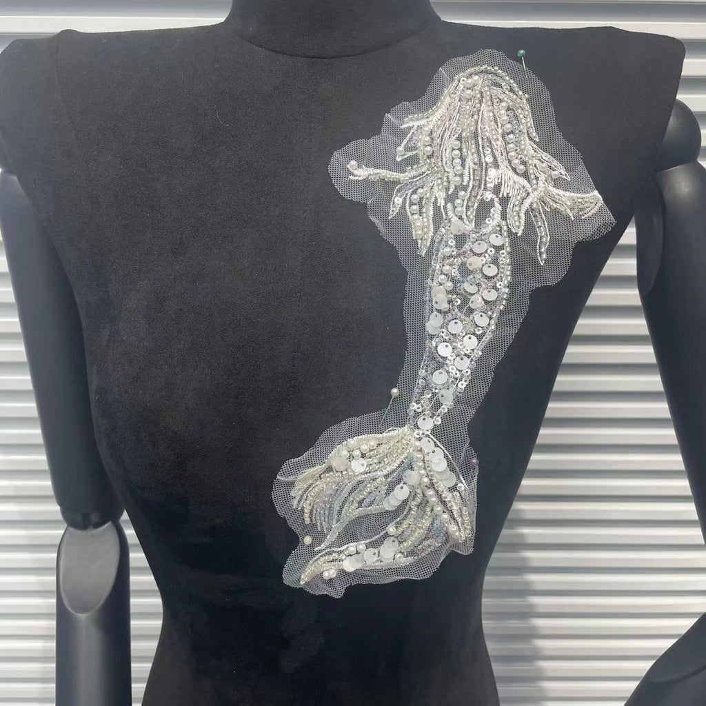 Koi Fish Inspired Heavy Embellishment Trim – Lustrous White Shell Pearls, Tiny Seed Beads & Silver Thread Appliqué for Bridal Gowns, Evening Wear & Luxury DIY Fashion Accessories