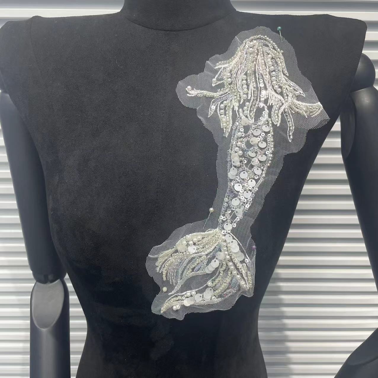 Koi Fish Inspired Heavy Embellishment Trim – Lustrous White Shell Pearls, Tiny Seed Beads & Silver Thread Appliqué for Bridal Gowns, Evening Wear & Luxury DIY Fashion Accessories