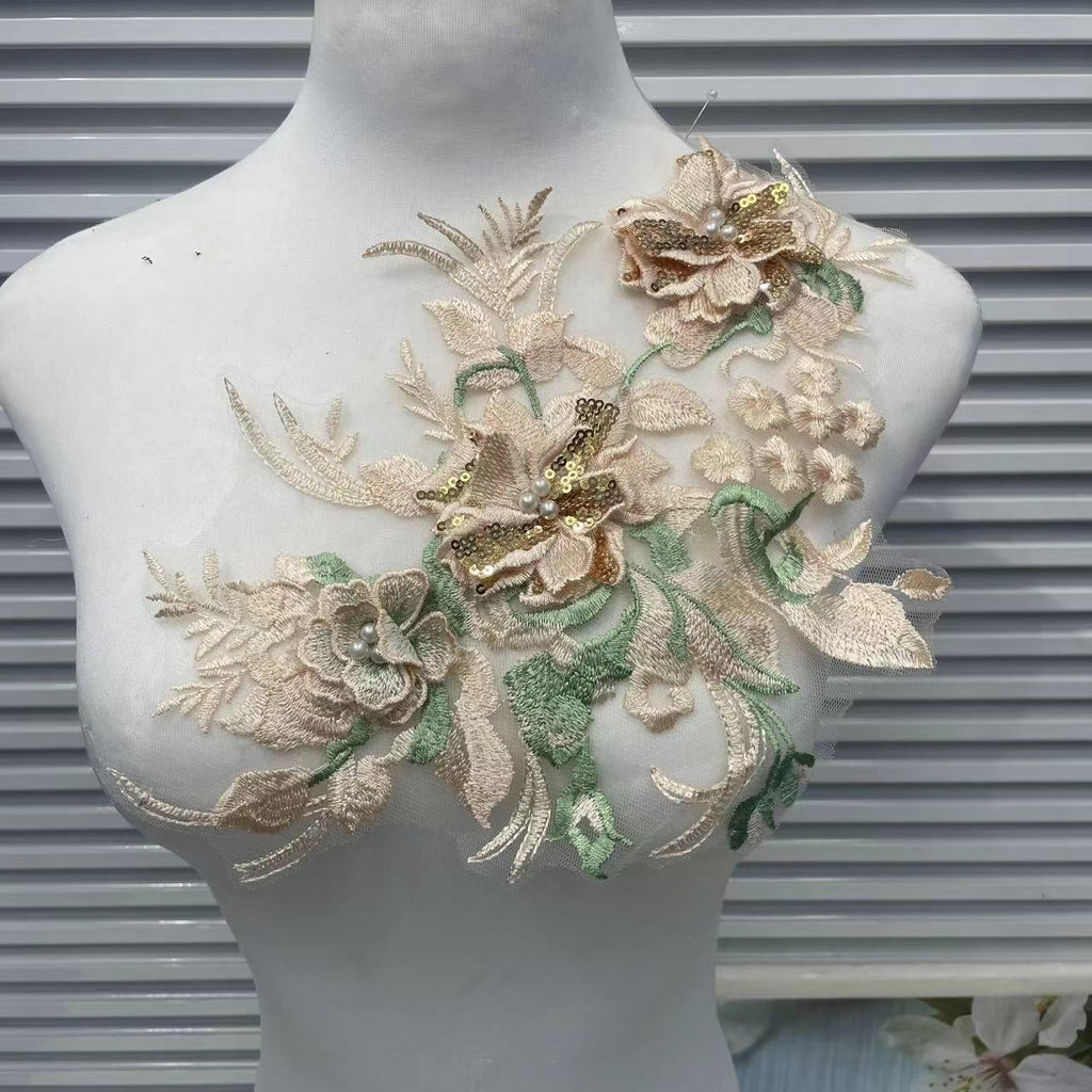 3D Floral Beaded Tulle Applique Patch - Sequin Embroidered DIY Sewing Patch