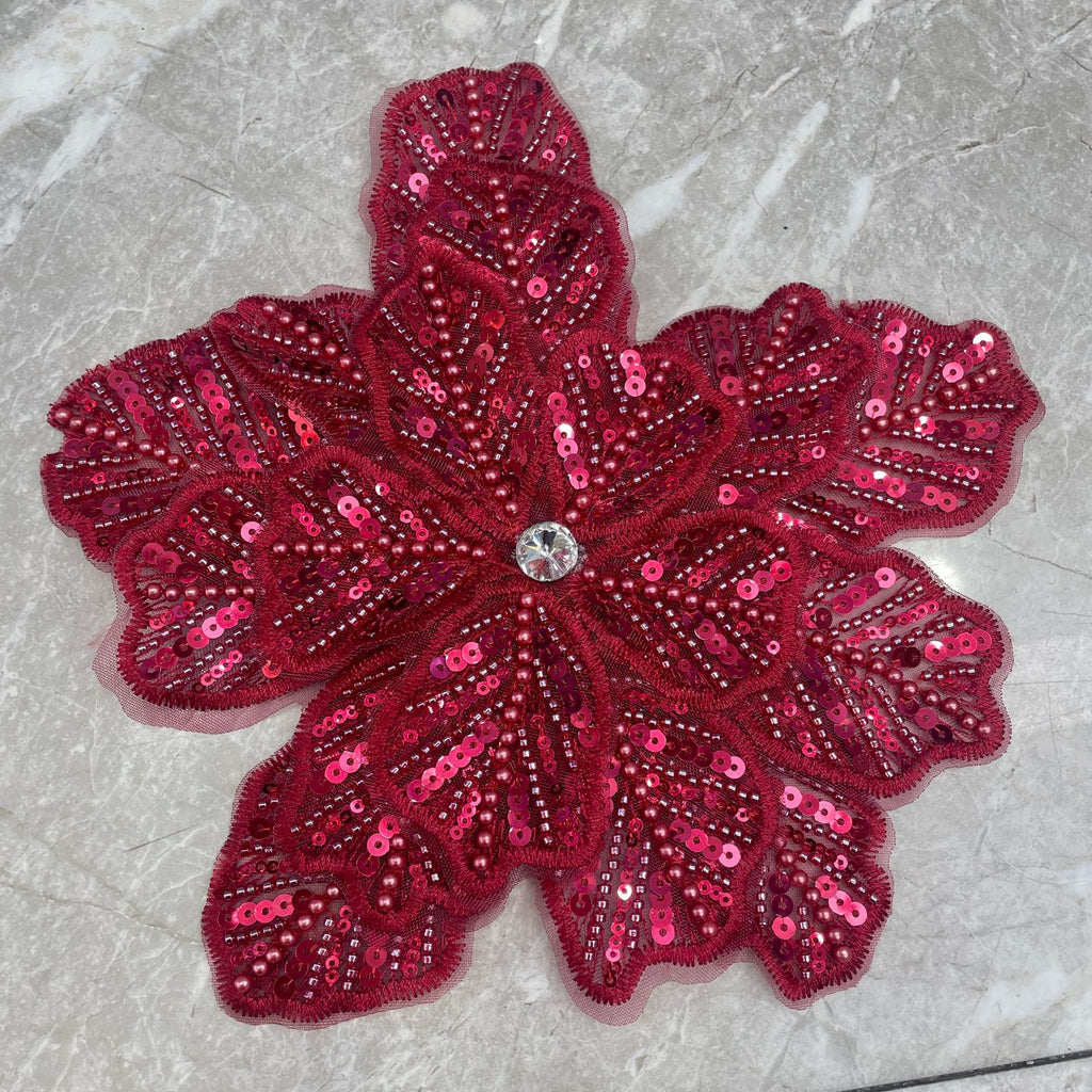 Large Floral Lace Appliqué Trim with Sequins & Beading – Embellished DIY Sew-On Embroidered Flower for Wedding Dresses, Evening Gowns & Bridal Fashion Accessories