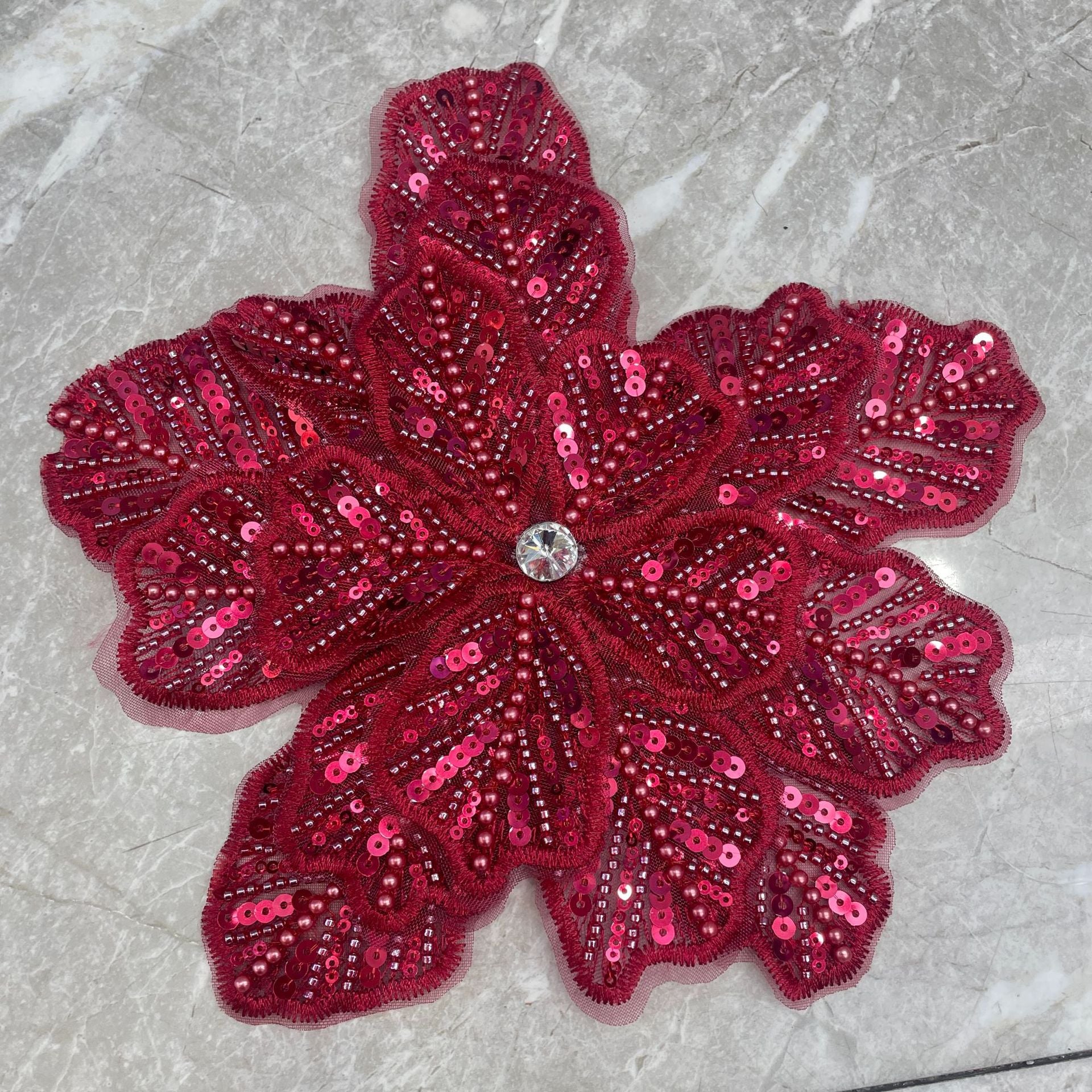 Large Floral Lace Appliqué Trim with Sequins & Beading – Embellished DIY Sew-On Embroidered Flower for Wedding Dresses, Evening Gowns & Bridal Fashion Accessories