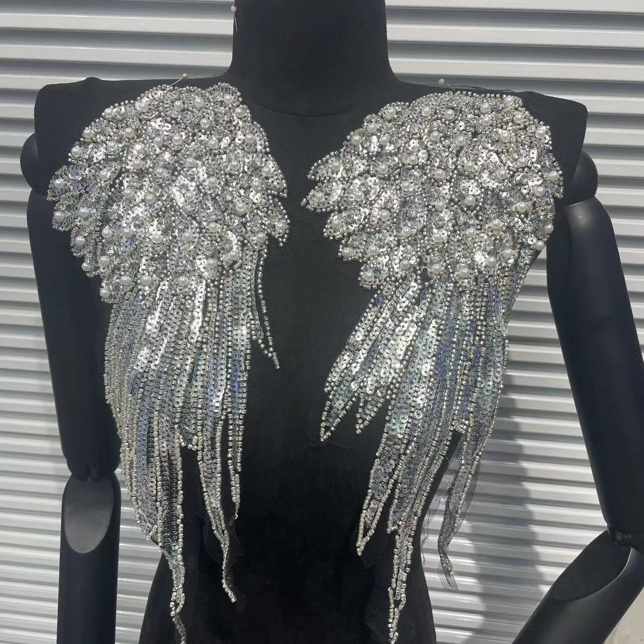 Fashion Pearl & Full Crystal Wing High-Quality Beaded Embroidery DIY Sequins Applique Patch - Luxury Sewing Craft Supply